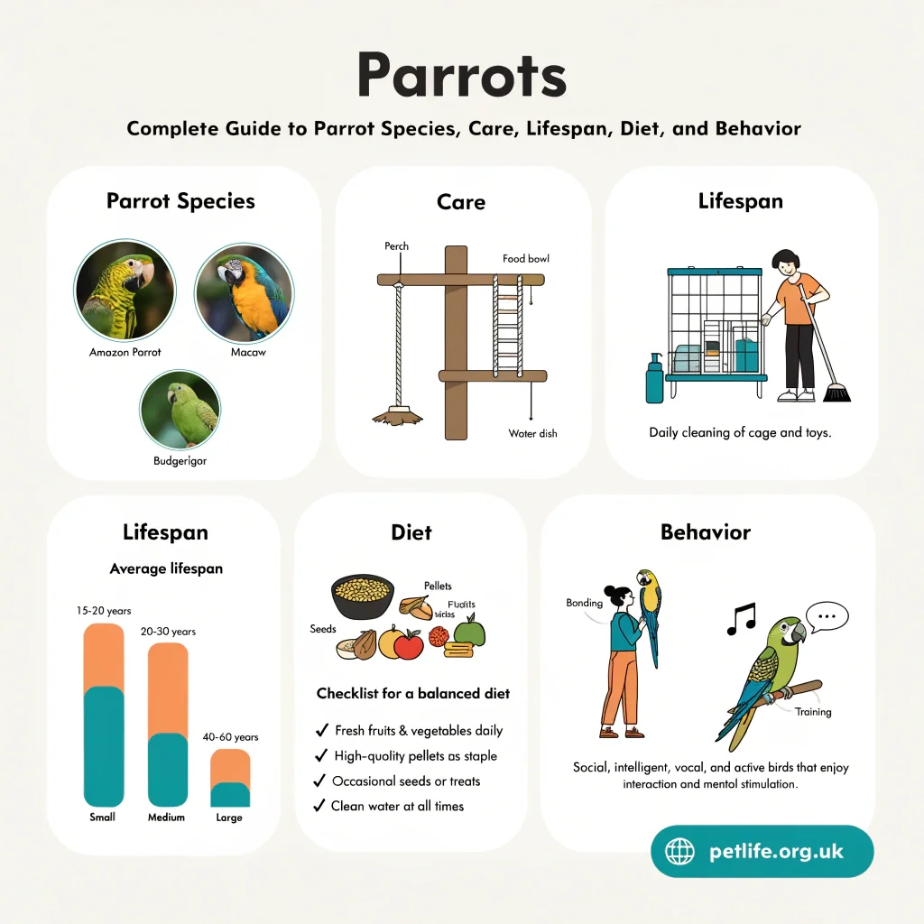 Complete Guide to Parrot Species, Care, Lifespan, Diet, and Behavior