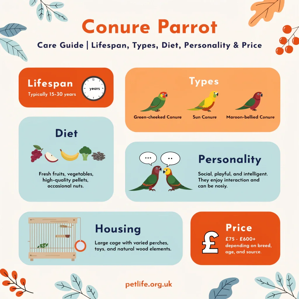 Conure Parrot Care Guide | Lifespan, Types, Diet, Personality & Price